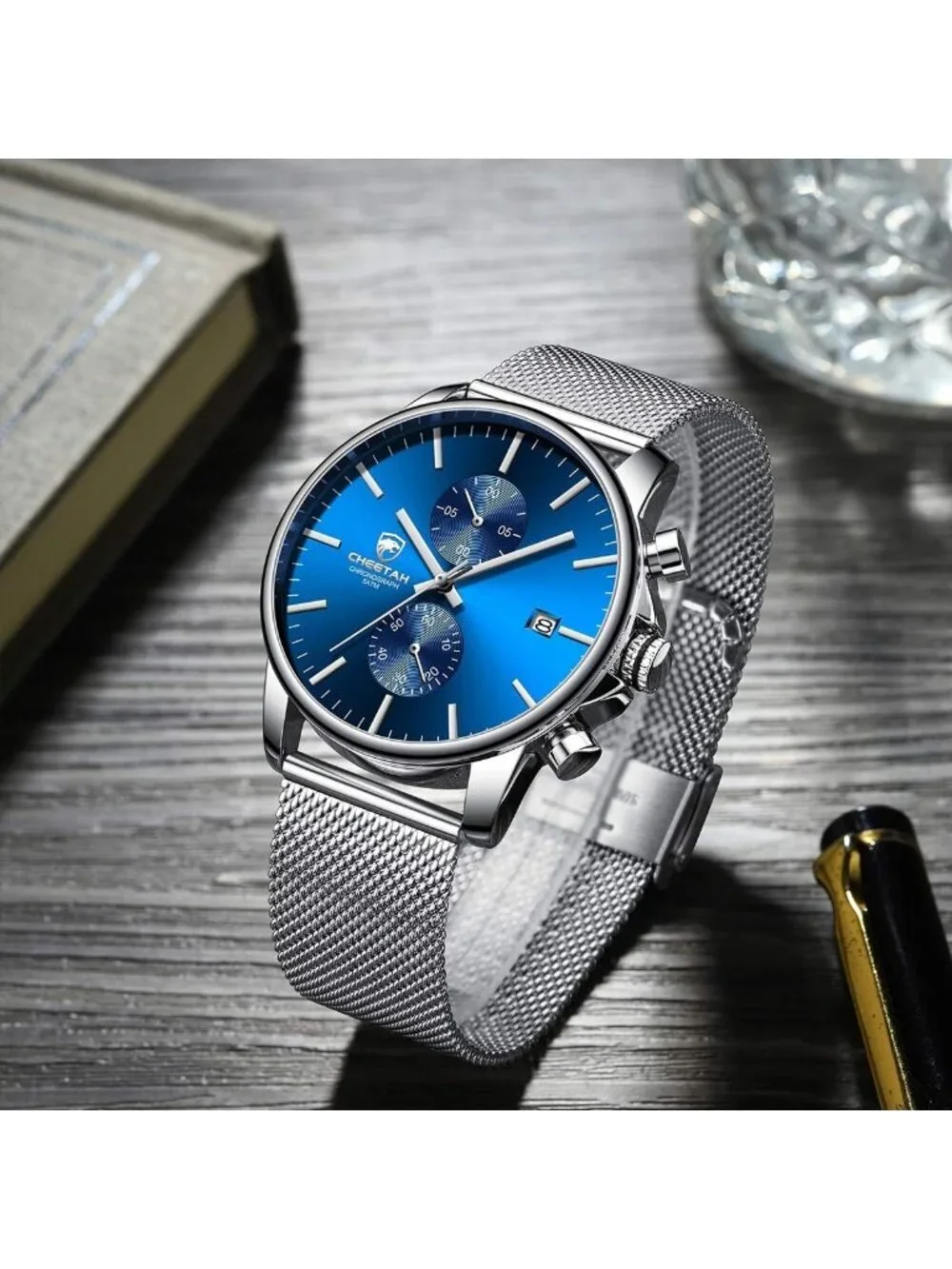 Men's Silver Blue Quartz Analog Mesh Strap Stainless Steel Chronograph Watch